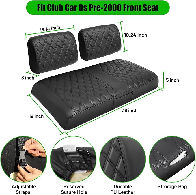 Golf Cart Seat Covers for Club Car DS Pre-2000 Seat Marine Leather Diamond | Protect & Refresh Worn Seats, Precise Fit, Staple-Free Install, Comfort, Anti-Scratch, Anti-Fading, Easy Clean Black - Image 5