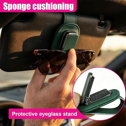 Car Sunglass Holder, Leather Car Sun Visor Eyeglasses Clip with Anti-Scratch Soft Padding, One-Handed Operation Auto Interior Glasses Organizer for Most Cars, Trucks, SUVs (Green) - Image 5
