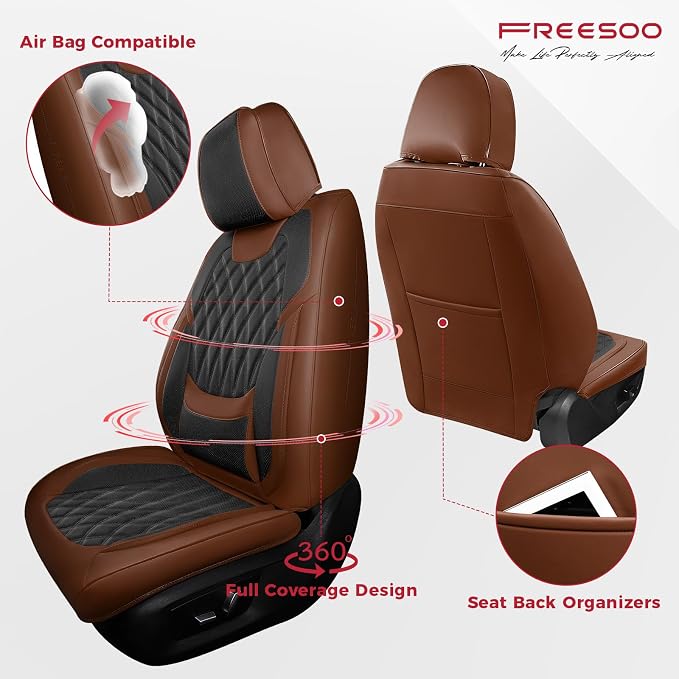 FREESOO Car Seat Covers Full Set Faux Leather Universal Fit Brown Black | faux nappa leather seat covers, waterproof breathable, full set lumbar support, front rear covers, fit sedans suvs pickups - Image 2