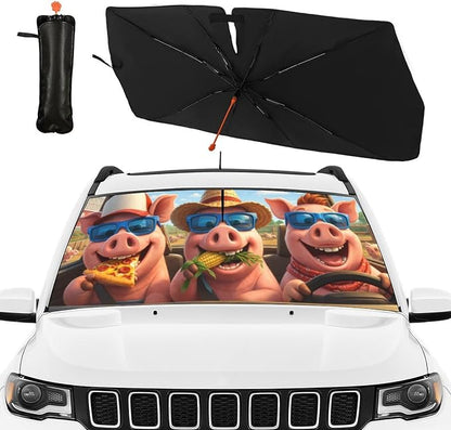 Funny Pig Car Windshield Sun Shade Umbrella Bendable Handle Foldable Animal Sunshade for Car Windshield Block UV Rays Keep Vehicle Cool for Most Sedans SUV Trucks Cars 57"x30" - Image 2