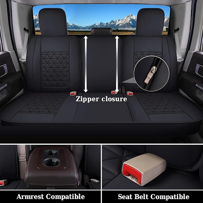 Coverado Car Seat Covers Full Set, Leather RAM 1500 Seat Covers Protectors Compatible with 2002-2026 Dodge RAM 1500 2500 3500 Crew Double Mega Quad Cab with Flat Bench, Black - Image 3