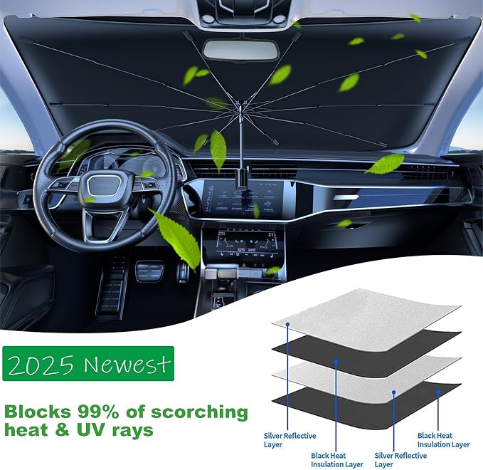 Windshield Sun Shade 2025 Car Accessories 100% Blackout Car Front Windsow Shades Umbrella Automotive Sun Visor Block Heat Insulation Protection (Gry Eyes) - Image 3