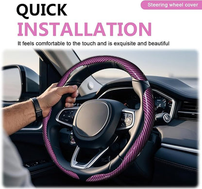 3pcs Universal Carbon Fiber Steering Wheel Cover - Anti-Slip & Segmented Design, Universal 99% Durable Steering Wheel Protector for Men and Women, Car Interior Accessory (Pink) - Image 6