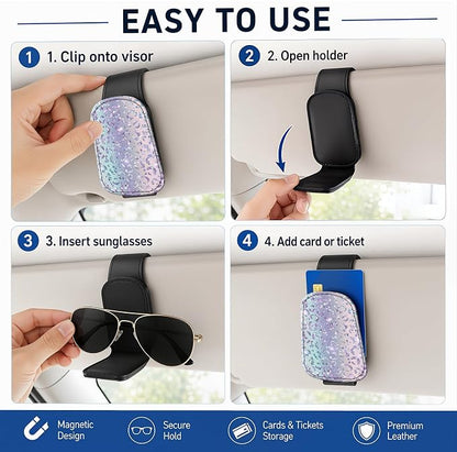 Leather Magnetic Sunglass Holder for Car Sun Visor, Cute Eyeglass Ticket Card Hanger Clip, Universal Auto Interior Accessories for SUV Pickup Truck, Holographic Leopard - Image 5