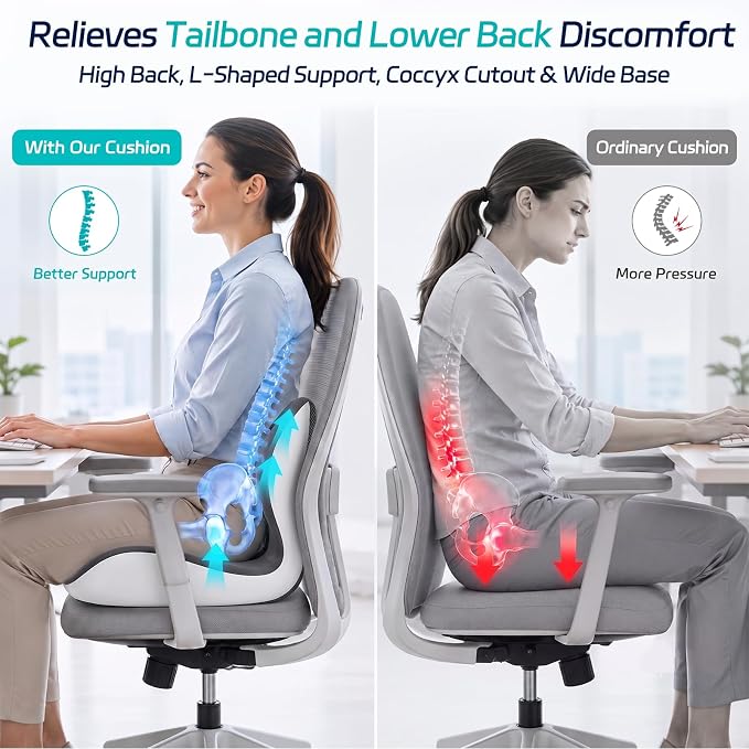Cool & Dry Seat Cushion & Back Support for Coccyx & Lumbar Relief | Higher Back for Stable Lower-Back Support / Dual-Sided Grip Keeps It in Place / Support Without Sinking / Durable / Washable - Image 3