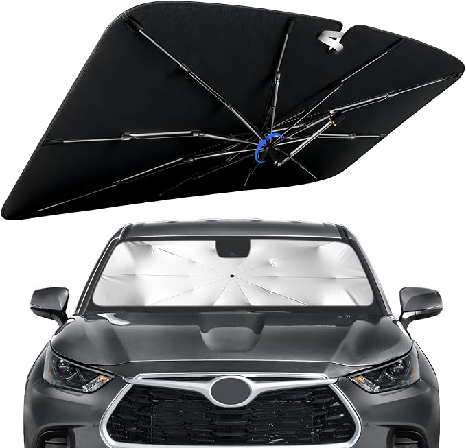 Windshield Sun Shade for Toyota Highlander 2014-2026, 360°Rotating Shaft | Custom Fit Umbrella Sunshade for UV Blocking, Interior Heat Protection, Easy Storage, UPF 50+ Cool Windshield Cover by Lonyaqui