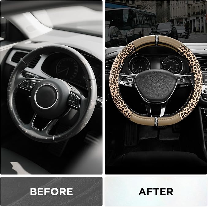 Road Comforts Leopard Steering Wheel Cover for Women, Cute Anti-Slip Microfiber Leather, Fits D Shape Flat Bottom Steering Wheel 14.5-15 Inch - Beige - Image 3