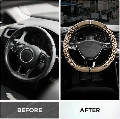 Road Comforts Leopard Steering Wheel Cover for Women, Cute Anti-Slip Microfiber Leather, Fits D Shape Flat Bottom Steering Wheel 14.5-15 Inch - Beige - Image 3
