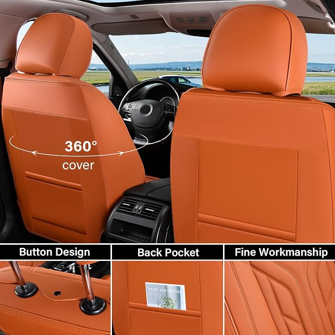 Coverado Car Seat Covers Full Set, Automotive Seat Covers Car Seat Protector Car Seat Cushion, Waterproof Leather Seat Covers for Cars, Universal Fit for Most Sedans SUV Pick-up Truck(Orange) - Image 2