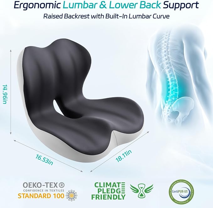 Cool & Dry Seat Cushion & Back Support for Coccyx & Lumbar Relief | Higher Back for Stable Lower-Back Support / Dual-Sided Grip Keeps It in Place / Support Without Sinking / Durable / Washable - Image 4