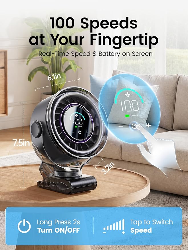 Clip on Fan, Rechargeable USB Fan with Sturdy Clamp, LED Display, 100 Speeds, 3000mAh Battery, 360° Rotation, 5.5 Inch Portable Fan for Stroller Bed Camping Treadmill Car Black - Image 2