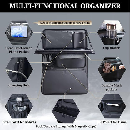 Coverado Backseat Car Organizer, Nappa Leather Car Seat Organizer with Touch Screen Tablet Holder, Foldable Food Tray, Kick Mats Protector, Multi Car Storage Accessories, Garbage Bag Holder-1 Pack - Image 3