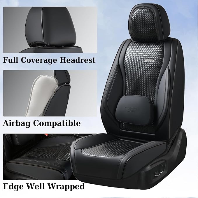 Coverado Seat Covers, Car Seat Covers Front Seats, Waterproof Nappa Leather Auto Seat Cover with Lumbar Head Pillow, Black Seat Covers Carseat Cover Universal Fit for Most Cars - Image 6