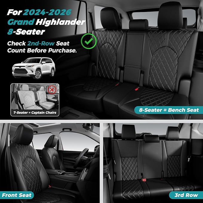 Custom Seat Covers for Toyota Grand Highlander 2024-2026 8 Seats | black, faux leather, 2nd row 40/60 split bench, waterproof, breathable, airbag compatible, stain resistant - Image 4