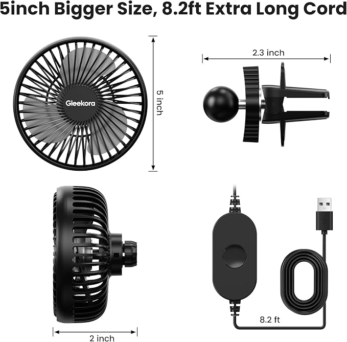 5'' USB Car Vent Fan, 3-Speed with Memory Function, 8.2ft Cord | Clip-On Air Circulation & Cooling Fan, for Vehicle, SUV, Van, RV,Truck - Image 7