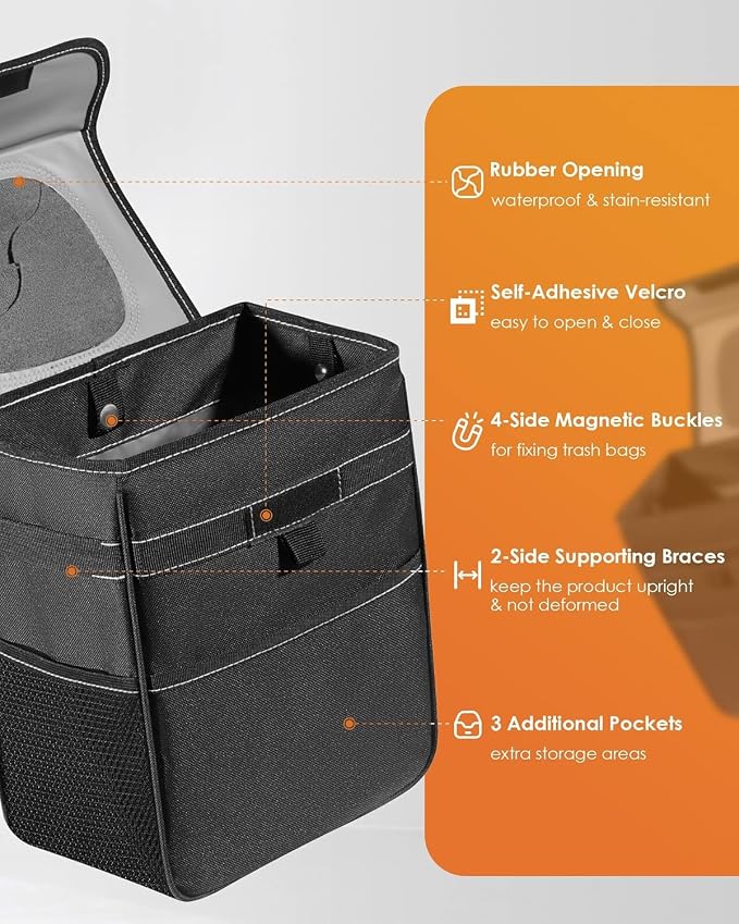 HOTOR Car Trash Can, Leak-Proof Car Organizer, Black | 2-Gallon, Storage Bag for Back, Front or Console of Cars, Sedans, SUVs & Trucks, Easy-to-Install Car Accessory for Interior - Image 4