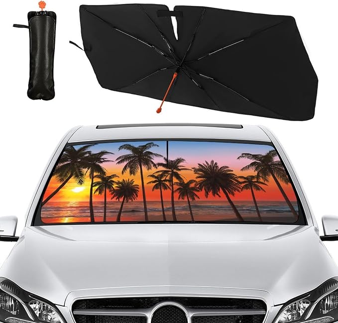 Palm Trees Sunset Car Windshield Sun Shade Umbrella Bendable Handle Foldable Tropical Beach Sunset Sunshade for Car Front Windshield Block UV Rays Keep Vehicle Cool 57"x30" by DOPINDU
