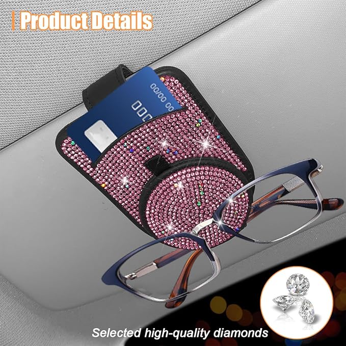 Bling Sunglasses Holder for Car Visor, Genuine Leather Crystal Rhinestone Vehicle Eyeglasses Clip Mount Hanger, Auto Ticket Card Origanizer for Women Girls, Universal Fit (Pink) - Image 5