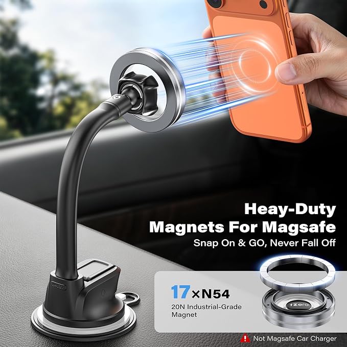MagSafe Car Phone Mount with One-Button Suction Cup Lock | Strong Suction Cup with One-Button Lock Mounts to Dashboard or Windshield; Fits Iphone 12-17 and MagSafe-Compatible Phones - Image 6