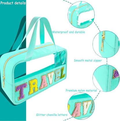 Bunliuys Chenille Letter Clear Makeup Bag Travel Patch, Travel Toiletry Makeup Bag with Handle, Nylon Waterproof Makeup Bags clear cosmetic bag, preppy patch makeup bag for Women (TRAVEL-Mint Green) - Image 3