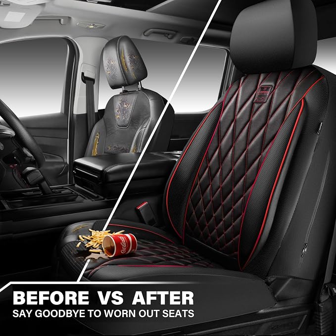 CAR PASS Piping Luxury PU Leather Two Front Car Seat Covers, Waterproof Anti Slip Seat Covers Compatible with Front Seat Armrests,Universal Fit for Suvs,Vans,Trucks,Airbag Compatible(Black and Red) - Image 5
