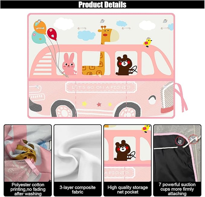 GLSOWEE Car Window Shade for Baby, Blackout Car Window Curtain, Giraffe | Storage Pockets & 7 Suction Cups, Cartoon Pattern Car Side Window Sun Shade Cover for Sun/Heat/UV Rays Protection, Pink - Image 4