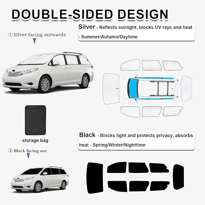 KMF 8pcs Full Sun Shades Custom for Toyota Sienna 2013-2018 Accessories, Sienna Sunshade Car Window Covers for Windshield Side Rear, Sun Visor UV Block and Blackout Privacy for Camping Outdoor - Image 4