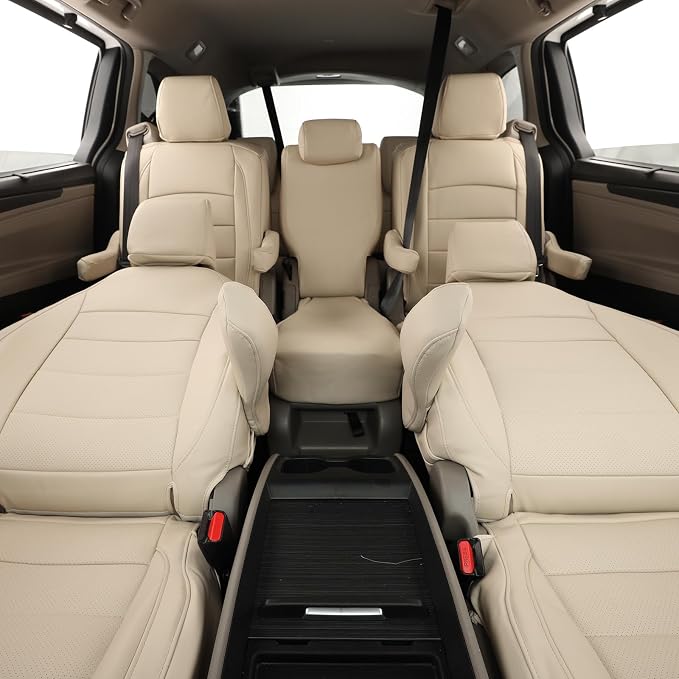 Full Set Car Seat Covers for Honda Odyssey 2018-2026,8-Seater,Faux Leather | for EX,EX-L,Elite,Touring,Sport,2nd Row 40/20/40 Split Seat,Luxury Waterproof Seat Protector,Fit Like A Glove(Beige) - Image 7