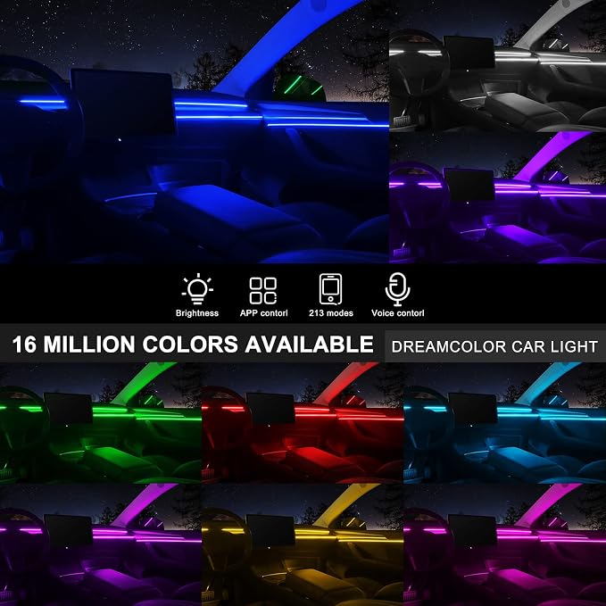 Acrylic Interior Car LED Strip Light with Wireless APP, RGB 14 in 1 with 175 inches 593 LEDs Fiber Optic Ambient Lighting Kits, 16 Million Colors Sound Active Function Car Neon Lights - Image 2