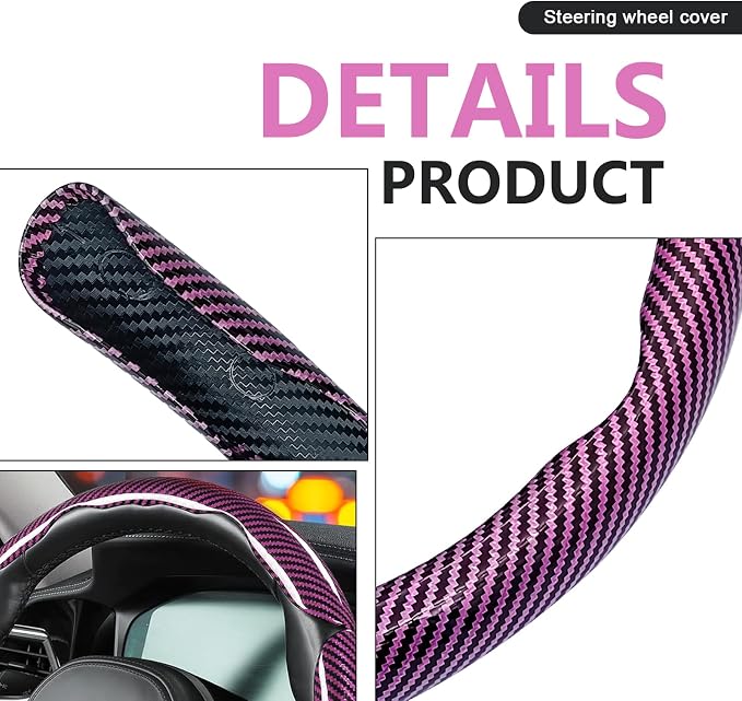 3pcs Universal Carbon Fiber Steering Wheel Cover - Anti-Slip & Segmented Design, Universal 99% Durable Steering Wheel Protector for Men and Women, Car Interior Accessory (Pink) - Image 3