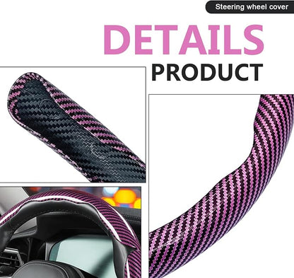 3pcs Universal Carbon Fiber Steering Wheel Cover - Anti-Slip & Segmented Design, Universal 99% Durable Steering Wheel Protector for Men and Women, Car Interior Accessory (Pink) - Image 3