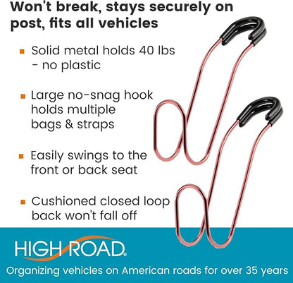 High Road Unbreakable Car Bag Hooks - Large Car Seat Hooks for Purse, Backpack, Coats, Hats and Heavy Bags up to 40 lbs - Secure Attachment Fits All Headrest Posts, 2 Pack - Image 2