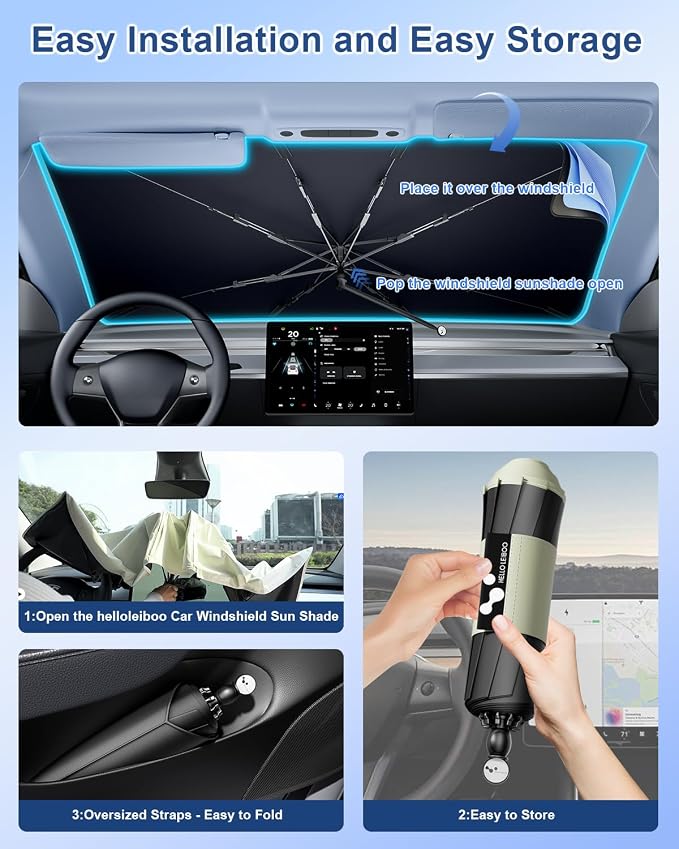 helloleiboo [2025 Upgraded] Car Windshield Sun Shade Umbrella 61"x 34" Windshield Sun Shade Foldable 5-Layer Thickened Vinyl Coating Reflective Polyester Blocks Heat & UV Rays for Large Car Truck SUV - Image 5