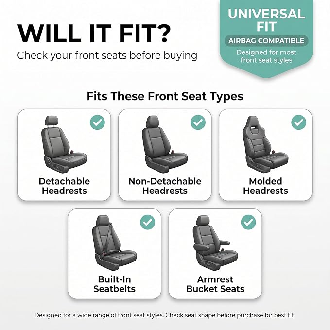 FH Group Front Set Faux Leather Car Seat Covers Cushions for Low Back Seat, Universal Fit, Airbag Compatible Seat Cover for SUV, Sedan Gray/Black - Image 2