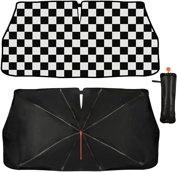 CHILL·TEK Funny Car Windshield Sun Shade Umbrella, Checkered Car Sun Shade Umbrella, Block UV Rays Heat Foldable Windshield Umbrella Sun Visor Protector - Keep Vehicle Cool for Cars SUV - Image 2