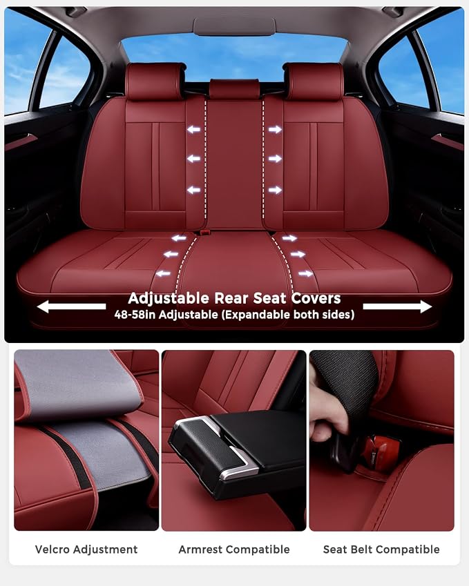 Huidasource Rear Car Seat Cover Luxury Nappa Leather, Rear Seat Cover with Velcro Adjustable, Ventilation Holes, Child Seats, Back Seat Covers for Cars Universal Fit for Most Cars SUV Trucks, Red - Image 2