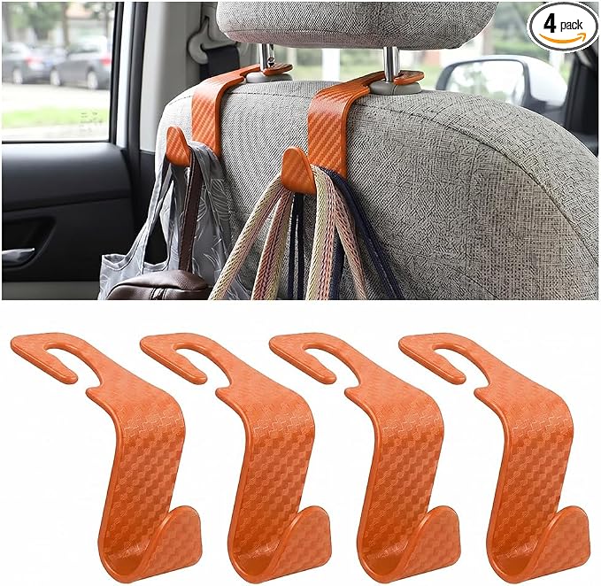4 Pack Headrest Hooks for Vehicle Seats, Carbon Fiber/Orange | rear-row hanging storage, supports bags coats and groceries, fits matching headrest posts, interior accessory by Hanemia