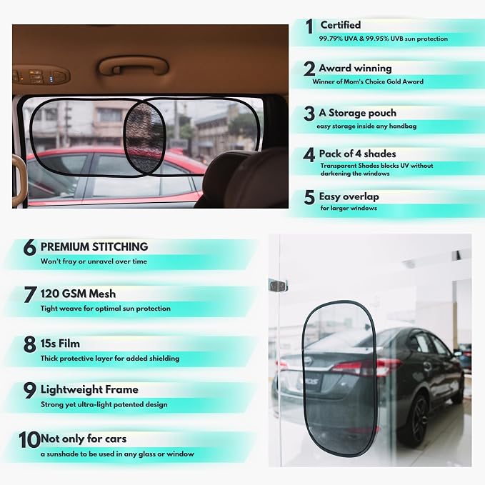 Car Window Shades - Certified 99.79% UVA & 99.95% UVB Sun Protection. Award Winning car Sun Shade for Side Windows. 4 Pack Transparent Shades 25" x 16" - Window Shade for car Baby by Kinder Fluff - Image 3