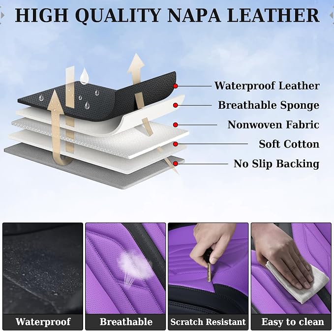 Coverado Front Seat Covers, Leather Seat Covers for Cars, Car Seat Covers Front Seats, Automotive Seat Covers Car Seat Protector Car Accessories Fit for Most Sedans SUV Pick-up Truck(Black&Purple) - Image 6