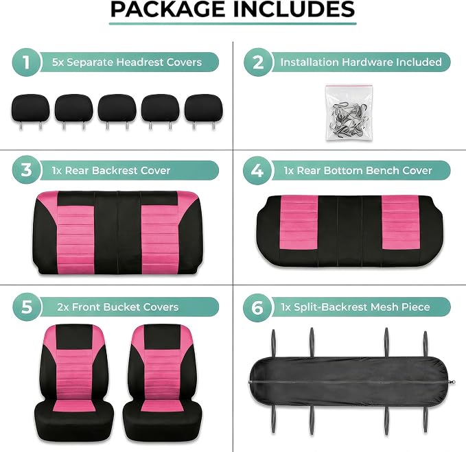 FH Group Automotive Car Seat Covers Full Set Premium 3D Air Mesh Front Seat Covers, Airbag Compatible & Split Bench Cover Universal Fit Interior Accessories for Cars Trucks and SUVs - Pink - Image 7