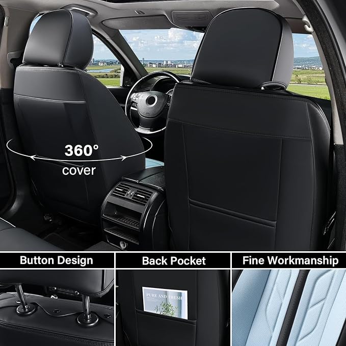Coverado Seat Covers, Car Seat Covers Front Seats, Leather Seat Covers for Cars, Automotive Seat Covers Car Seat Protector Car Seat Cushion Universal Fit for Most Sedans SUV Truck(Black&Light Blue) - Image 4