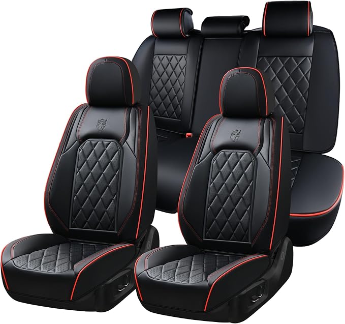 Coverado Car Seat Covers Full Set, Luxury Faux Leather Waterproof Seat Covers, Black Car Seat Covers, Universal Car Seat Protector Leather Car Seat Cushion, Carseat Cover Fit Most Cars, Black&Red by COVERADOAUTO