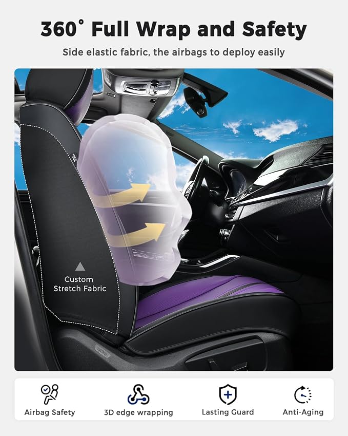 Huidasource Front Car Seat Cover, Luxury Faux Leather Leather Front Seat Covers, Compatible with Airbags, Seatbelt Buckles, Cooling＆Heating, Universal Fit for Most Cars Vans Trucks SUVs, Black＆Purple - Image 3