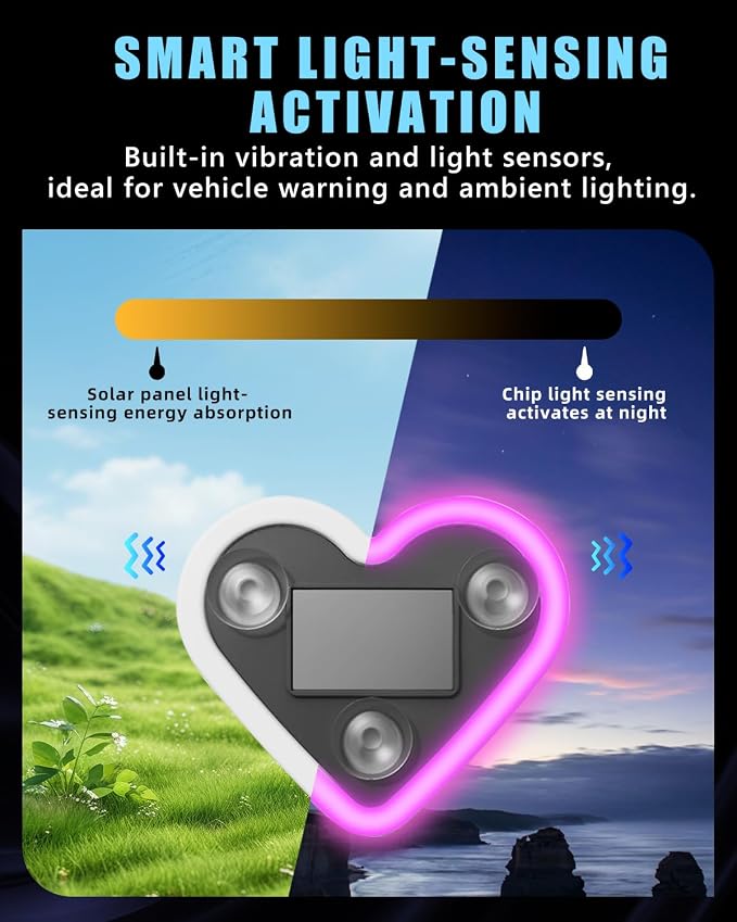 2PCS Solar-Powered Car Heart Lights, 5-Mode Wireless LED Ambient Light with Auto-On via Vibration Sensor, Romantic Car Interior Gift for Couples (Pink) - Image 4