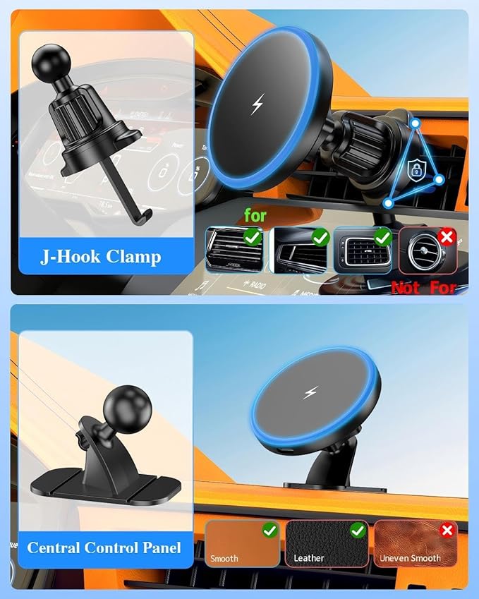 Mag Safe Car Mount Charger, 3 in 1 [LED RGB HandsFree] Wireless Car Charger | Strong Magnetic Phone Holders for Your Car- Fast Charging MagSafe Car Phone Monut Charger for iPhone 17/16/15/14/13/12 Series - Image 3