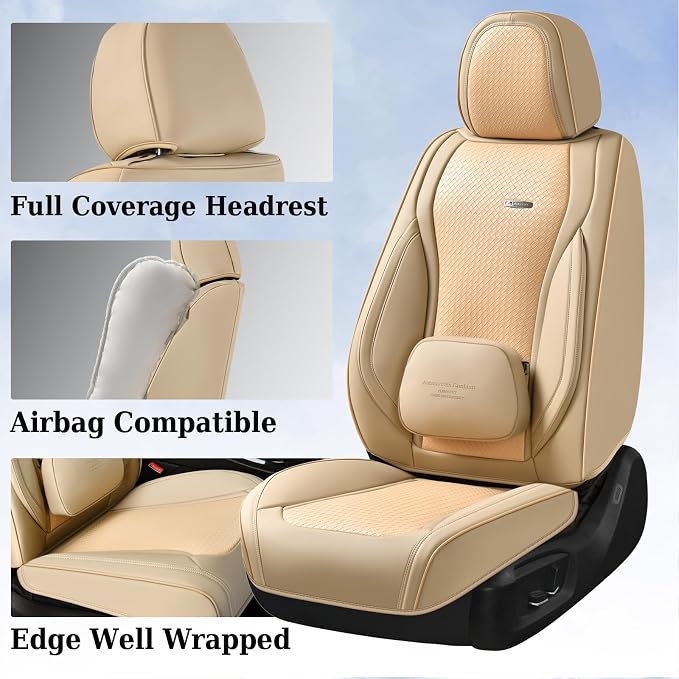 Coverado Car Seat Covers Full Set, Beige Seat Covers for Cars, Waterproof Nappa Leather Automotive Seat Covers with Lumbar Head Pillow, Car Seat Protectors, Universal Fit for Most Cars SUV - Image 7