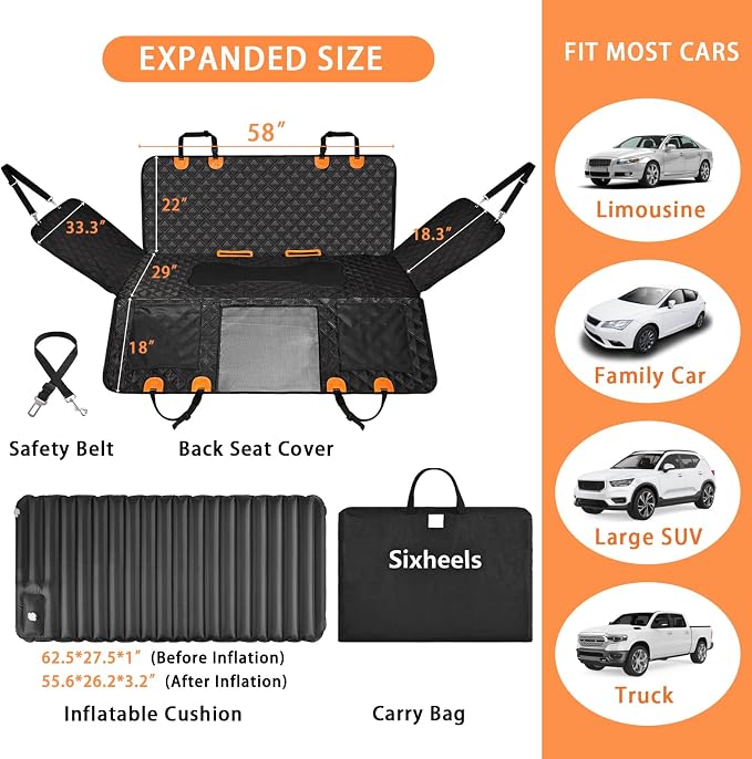 Truck Dog Seat Cover Back Seat Protector, Large Space Backseat Extender with Soft Inflatable Cushion Comfortable Dog Hammock, Waterproof Dogs Bed Rear Travel Accessories for Truck - Image 6