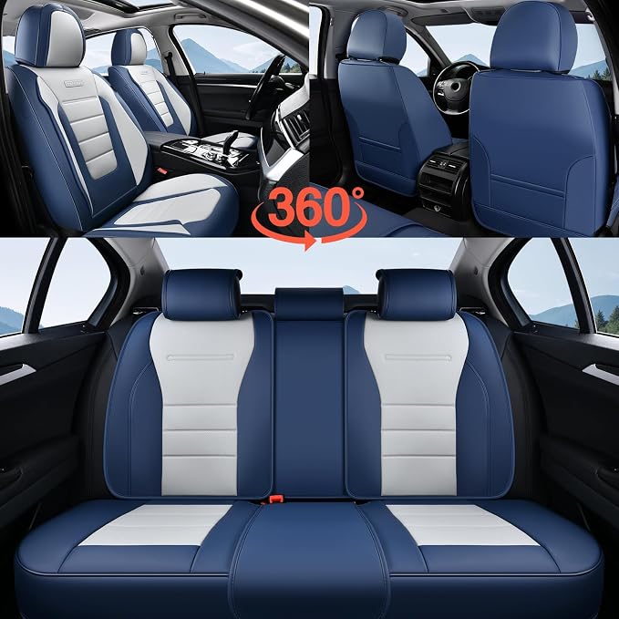 Coverado Car Seat Covers Full Set, Nappa Leather Seat Covers for Cars, Car Seat Protector Car Seat Cushion, Front and Back Seat Protectors Cushions Universal Fit for Most Cars Vehicles(Blue&White) - Image 8