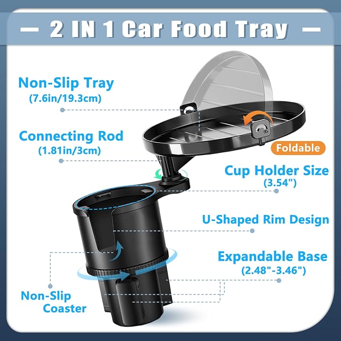 SAMPUSS 2-in-1 Car Cup Holder Tray Car Food Tray Car Table Car Seat Tray | 2-in-1 function foldable and detachable function 360°rotation road trip essentials car accessories interior - Image 3
