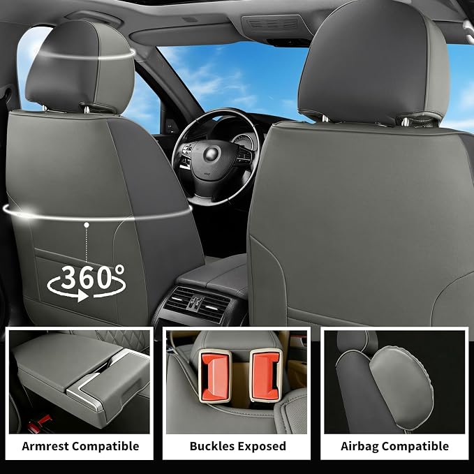 Car Seat Covers for GMC Acadia 2007-2026, Full Set, Gray | Luxury Full Coverage Leather Seat Protectors, Waterproof Breathable, Non-Slip, Easy to Install, Airbag Compatible, All-Season - Image 4